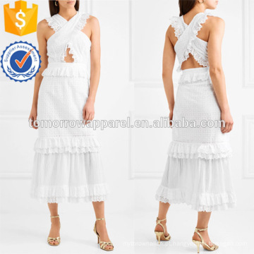 Branco sem mangas em camadas de babados de algodão vestido de verão midi manufatura atacado moda feminina vestuário (ta0023d)